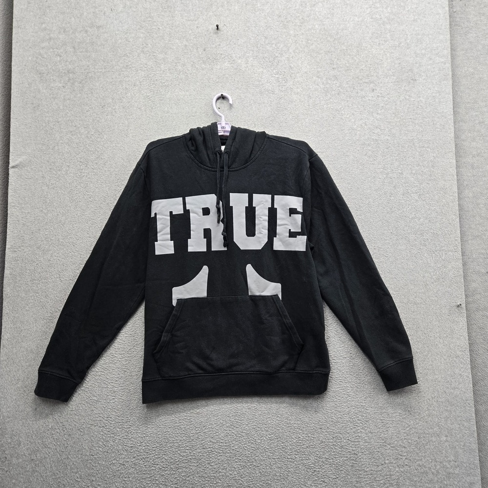 True Religion Men Hoodie L/G Black Big LogoFleece TRUE Spellout Pullover